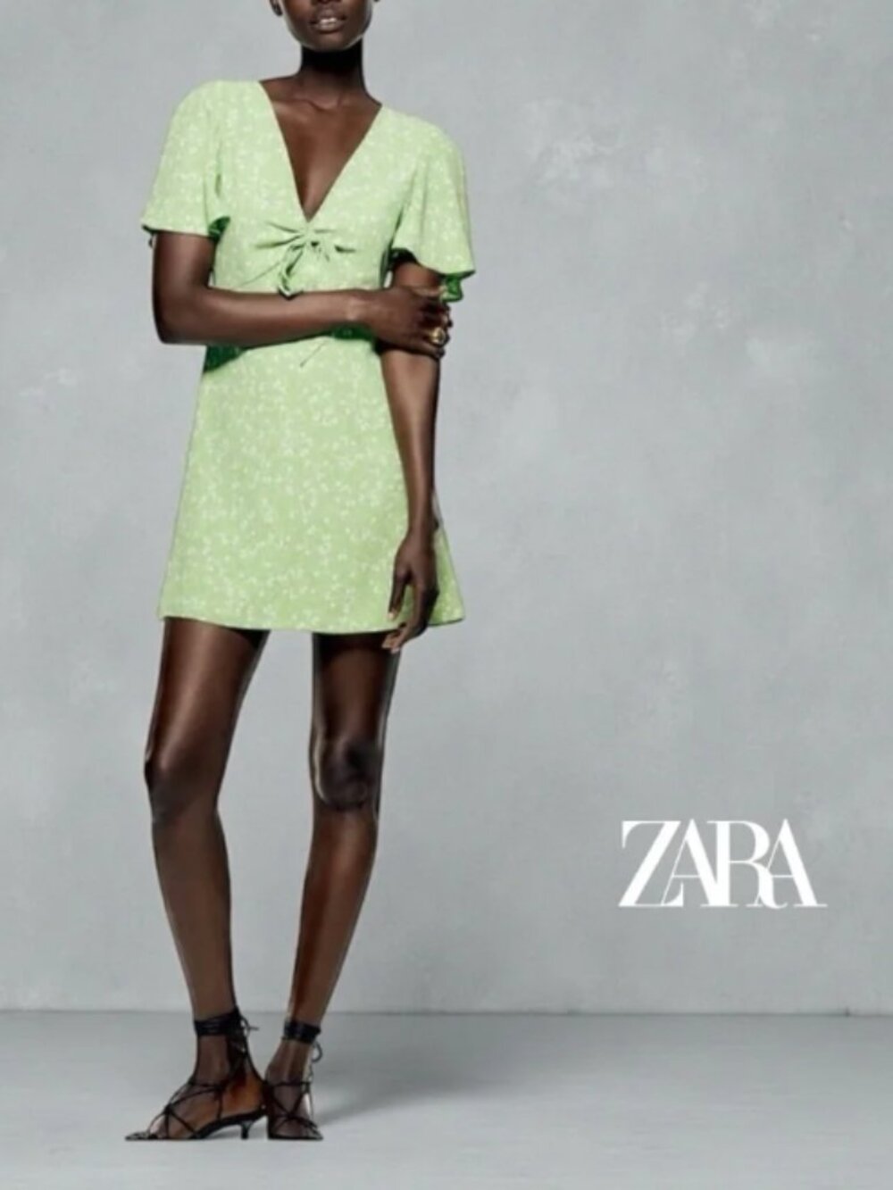 Zara | Green Floral Tie-Front Dress | V-Neck | Size XL